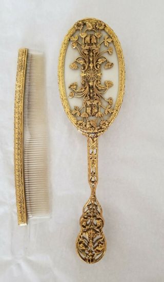 Vintage Hollywood Regency Ornate Gold Tone Filigree Vanity Hair Brush & Comb