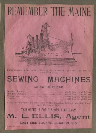 1890s Broadside Remember The Maine Sewing Machines Lebanon Indiana
