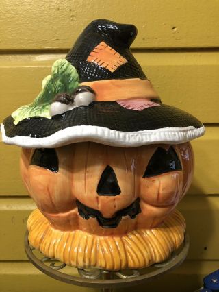 Scarecrow Pumpkin Ceramic Cookie Jar