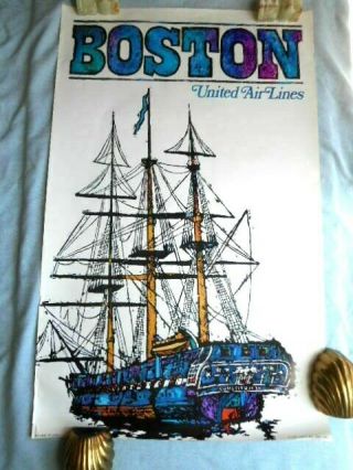 1968 Vintage United Airlines Poster Boston Jebary Illustration Constitution Mast