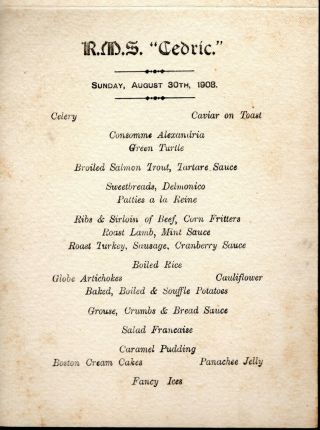 White Star Line - RMS Cedric (Dinner Menu 1908) 2