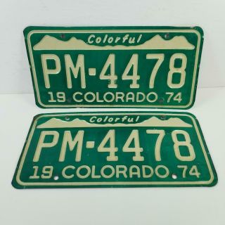 Pair 1974 Vintage Colorado Usa License Plate Pm - 4478 Green And White