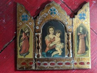 Vintage Florentine Triptych Madonna & Child Religious Icon Italy Gold Gilt Wood