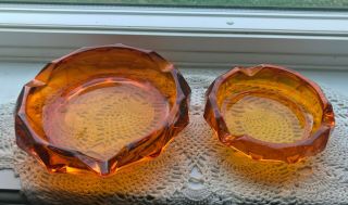 Rare Set Of Two Mcm Orange Art Glass Gigar Ashtrays Tray Dish Fenton Viking ?