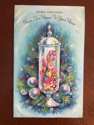 Vtg 60s 70s Christmas Card: Sparkly Glass Candy Apothecary Jar W/ Blue Ornaments