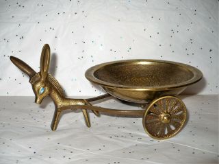 Vintage Brass Donkey With Cart Enamel Painted Bowl Israel