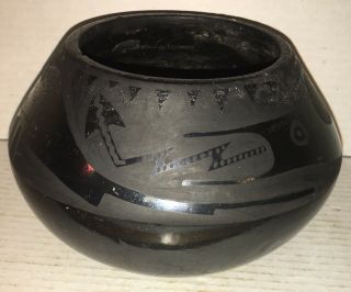 Black On Black Pottery Signed Juanita Vase Bowl San Ildefonso Pueblo