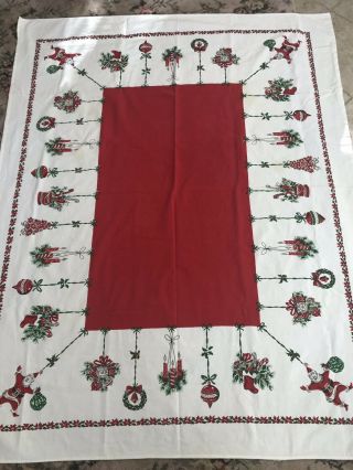 Vintage Christmas Tablecloth Hanging Shiny Brite Ornaments Santa Noel Stockings