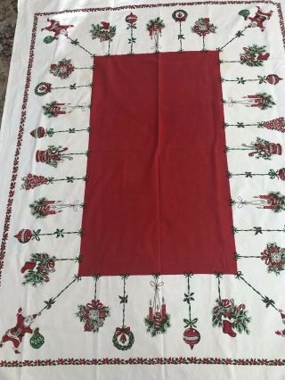 Vintage Christmas Tablecloth Hanging Shiny Brite Ornaments Santa Noel Stockings 7