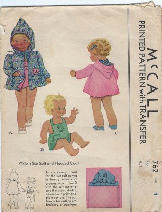1940s Rare Sewing Pattern Mccall 762 Child’s Sun Suit Hooded Coat Dog Transfer 1