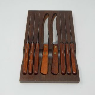 Vintage Robinson Set Of 8 Stainless Steel Steak Knives In Wooden Holder