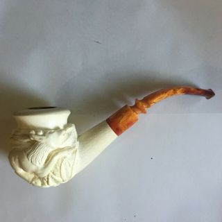Vintage Hand Carved Meerschaum Pipe Goat And Leaves Amber Stem Fitted Case
