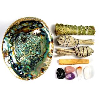 House Blessing Crystal And Smudge Set Kit Abalone Shell Sage Cedar Palo Santo