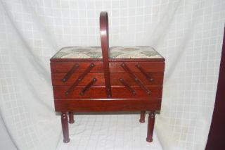 Vintage Mahogany Cantilever Sewing Box & Contents With Needlepoint Top