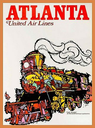 Atlanta Georgia United Air Lines " The Texas " Vintage U.  S.  Travel Art Poster Print