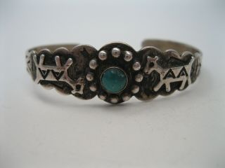 Old Navajo Fred Harvey Silver & Turquoise Bracelet Applied Dogs