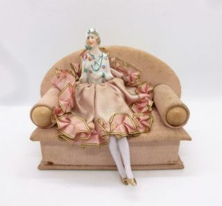 Art Deco Porcelain Boudoir Half Doll With Legs Sat On Sofa Pin Cushion C1920 