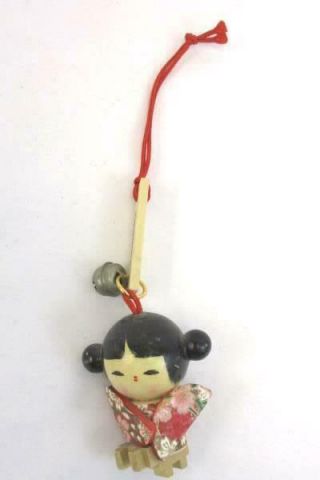 Vintage Okinawa Hand Painted Wooden Girl Ornament Hanging W/ Bell