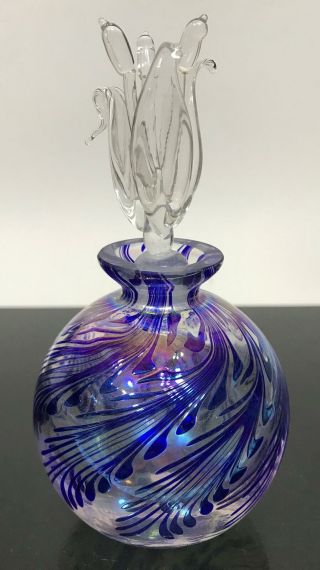 Vtg Cobalt Blue Swirl Bulb Art Glass Perfume Dresser Vanity Bottle W/ Dauber