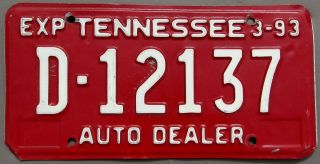 1992/93 Tennessee Dealer License Plate D - 12137