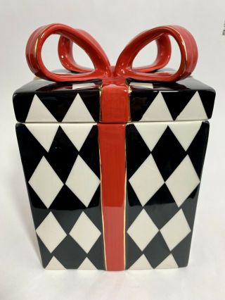 Ceramic Cookie Jar Gift Box Present Red Bow Black White Harlequin Pattern