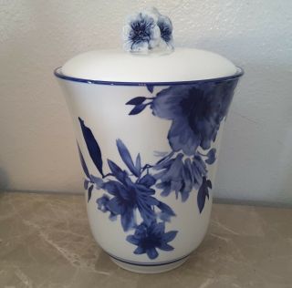 Blue And White Flowers By Cracker Barrel Lidded Ceramic Canister Jar 8 1/2 "