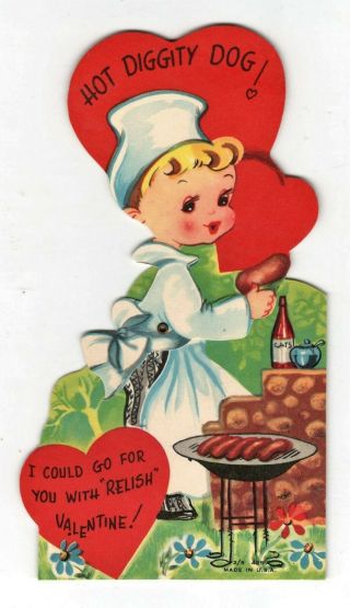 Vintage Valentine Greeting Card Dog Girl Hot Dog Barbecue Bbq Grill 1950 