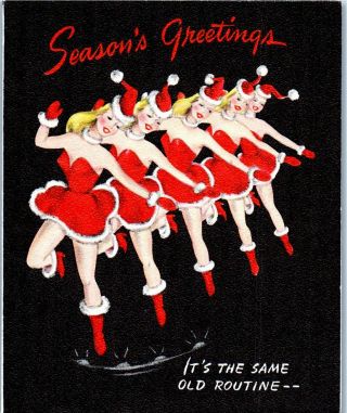 Santa Claus Rockettes Pretty Girl Lady Dance Line Vtg Christmas Greeting Card