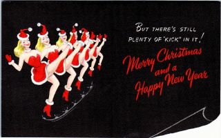 Santa Claus Rockettes Pretty Girl Lady Dance Line VTG Christmas Greeting Card 2
