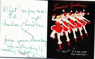 Santa Claus Rockettes Pretty Girl Lady Dance Line VTG Christmas Greeting Card 4