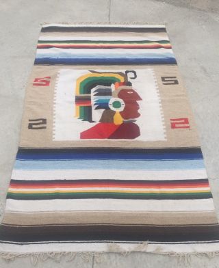 Large Vintage Mexican Hand Woven Myan God Rug Blanket Textile Aztec Art