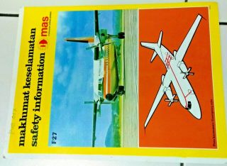 Airline Safety Card Vintage Fokker F27 Malaysia Airlines Collectible