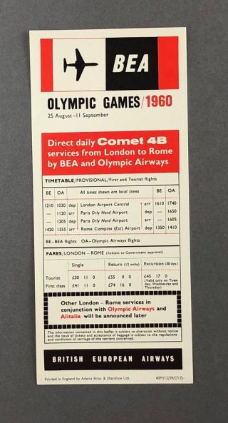 Bea & Olympic Airways 1960 Rome Olympic Games Airline Timetable 1960 Comet 4b