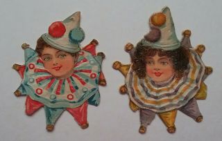 2 Small Antique,  Embossed Victorian Scraps,  Heads Of Clowns,  With Bells On 6x5cm