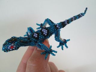 Blue Lizard Reptile Pin Brooch Beaded Handmade Glass Seed Beads Figurine Geko