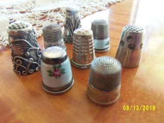 8 Silver Thimbles - Mostly Sterling Some Enameled