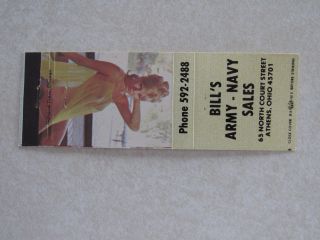I164 Matchbook Cover Girlie Pinup Nude Bills Army Navy Athens Ohio Oh