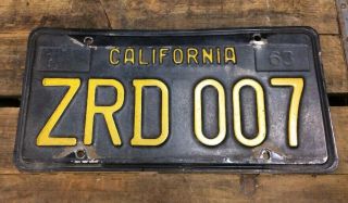 Vintage 1963 California Black And Yellow License Plate Zrd 007.