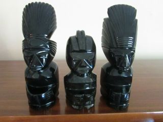 3 Black Onyx Sheen Obsidian Carved Aztec Mayan Tiki Idol Figures Appx 5 " & 3 "