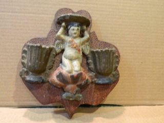 Rare Cast Iron Angel Figurine Match Holder On Wood Plaque Antique