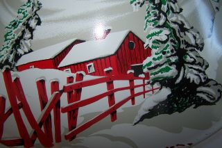 Vintage Poloron Metal Christmas Tree Stand Litho Winter Farm Scene 5