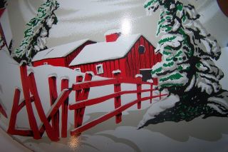 Vintage Poloron Metal Christmas Tree Stand Litho Winter Farm Scene 7