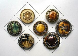 7 Antique Celluloid & Metal Buttons / 1 Lithograph