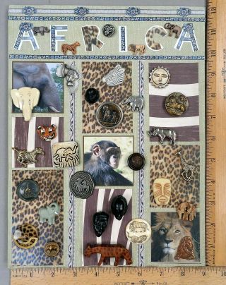 Card Of 31 Buttons,  African Related Animals & More,  Various Materials / Ages