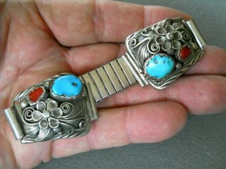 Native American Turquoise Sterling Silver Heavy - Gauge Watch Bracelet Signed F