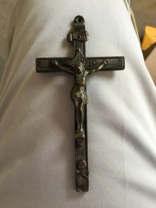 Large Antique Old Wood Brass Crucifix For Priest Or Nun