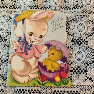 Vintage Greeting Card Baby 1st Easter Bunny Rabbit Chick Egg Gibson