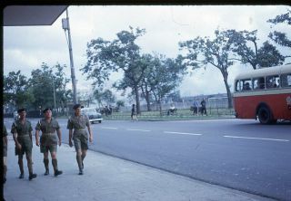Color Slide Photo,  British Soldiers And Back End Of A Bus Kowloon Hong Kong 1962