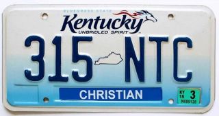 Kentucky " Unbridled Spirit " License Plate,  315 Ntc,  Christian County,  Jesus