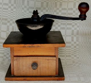 Antique Wood With Cast Iron Coffee Grinder Vintage